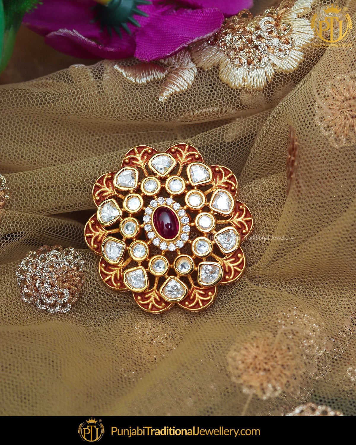 Gold Finished Rubby Kundan Ring | Punjabi Traditional Jewellery Exclusive