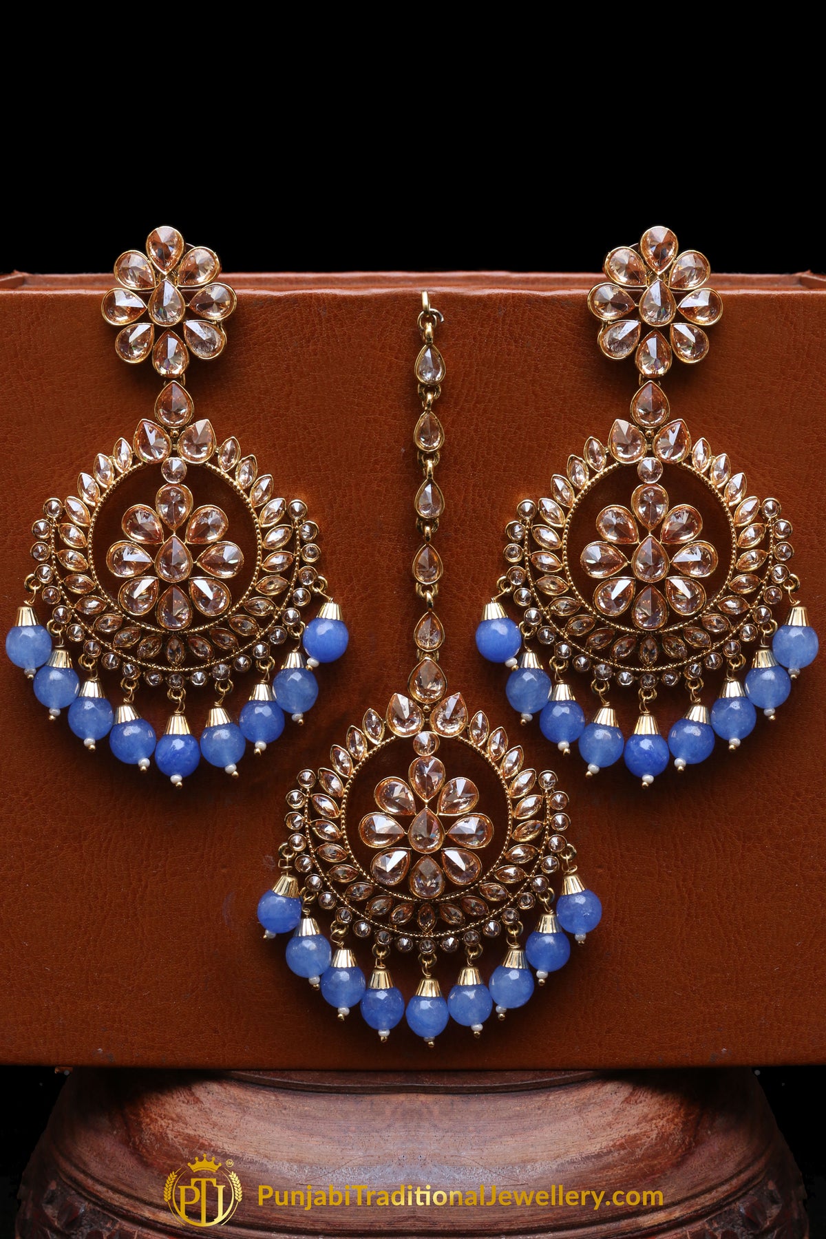 Firozi Champagne Stone Earring Tikka Set By Punjabi Traditional Jewellery