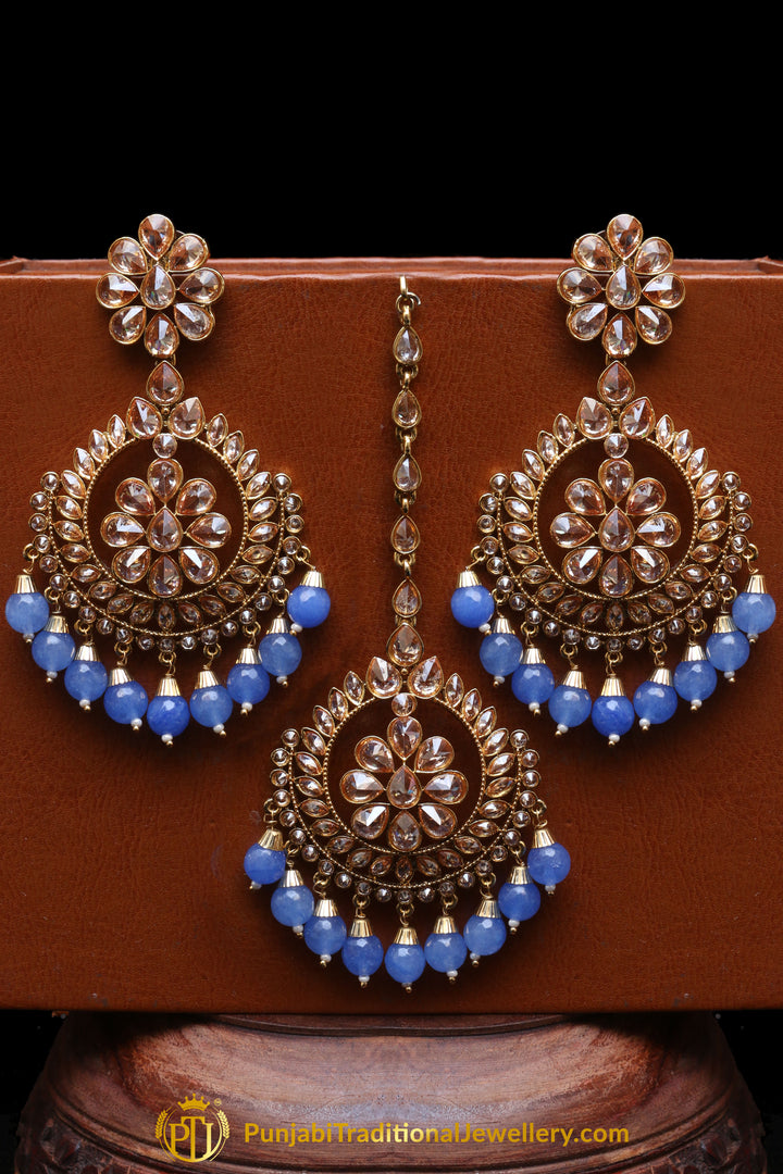 Firozi Champagne Stone Earring Tikka Set By Punjabi Traditional Jewellery