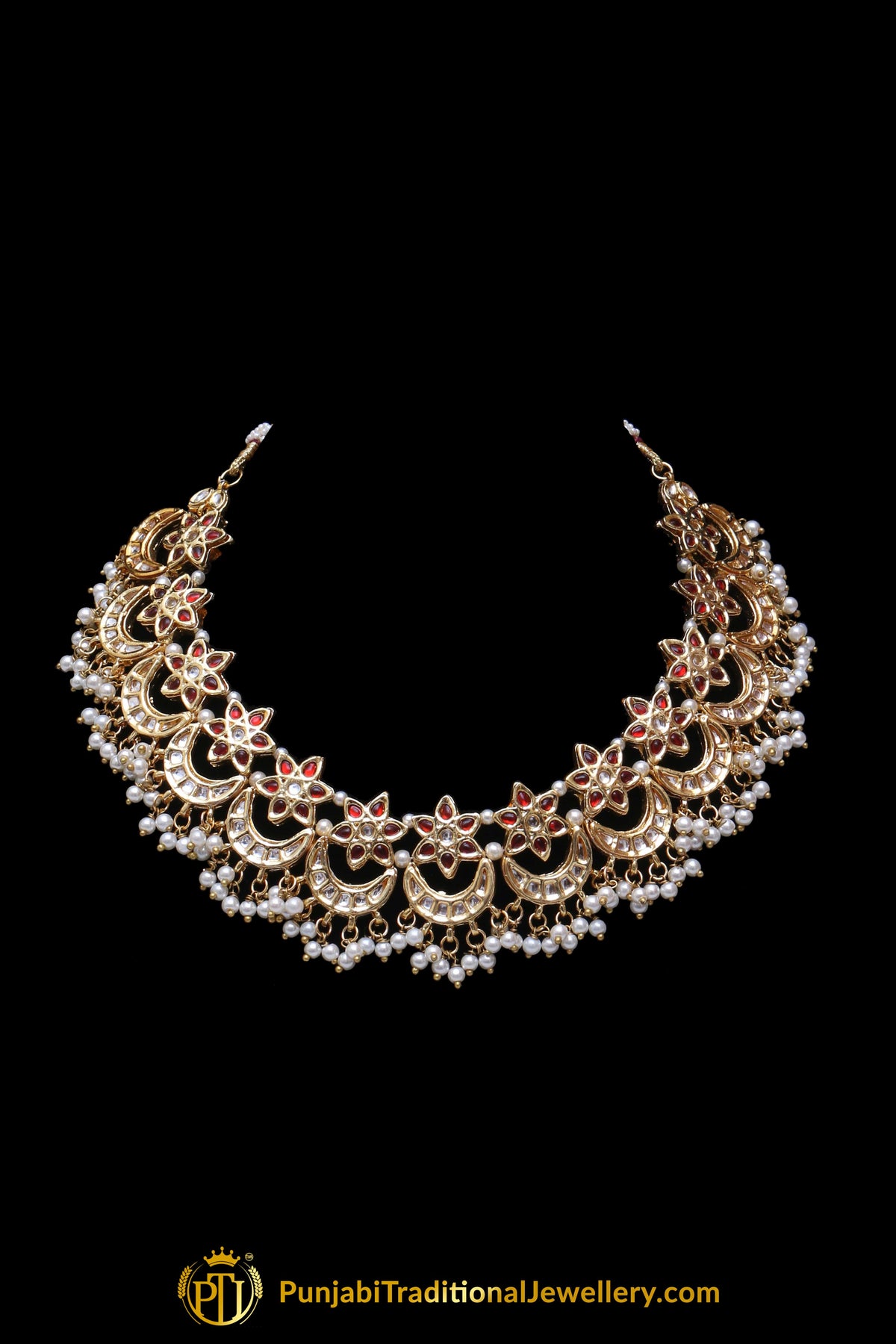 Red Pearl Kundan Necklace Set Punjabi Traditional Jewellery