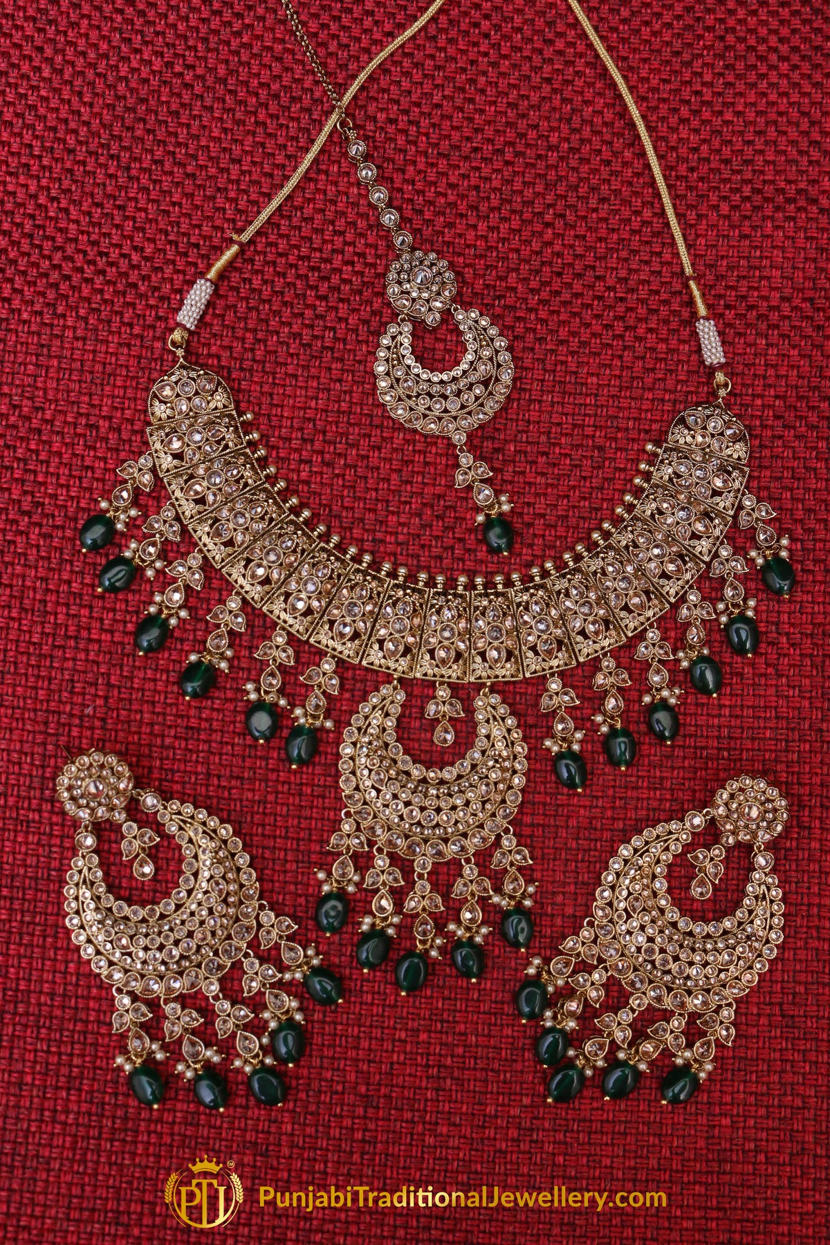 Green Champagne Stone Necklace Set By Punjabi Traditional Jewellery