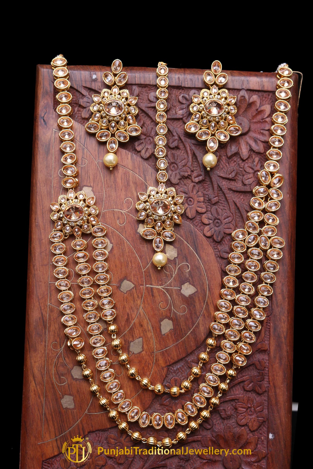 Champagne Stone Antique Gold Necklace Set By Punjabi Traditional Jewellery