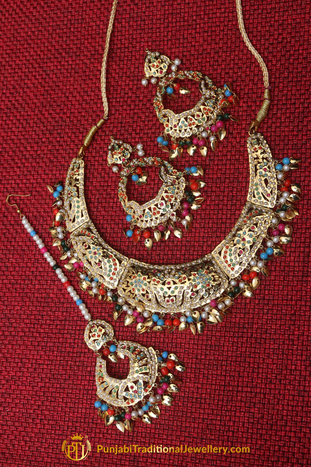 Multi Jadau Pippal Patti Necklace Set By Punjabi Traditional Jewellery