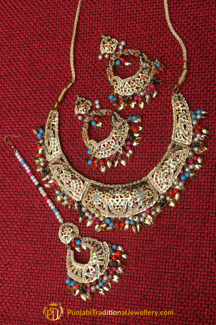 Multi Jadau Pippal Patti Necklace Set By Punjabi Traditional Jewellery