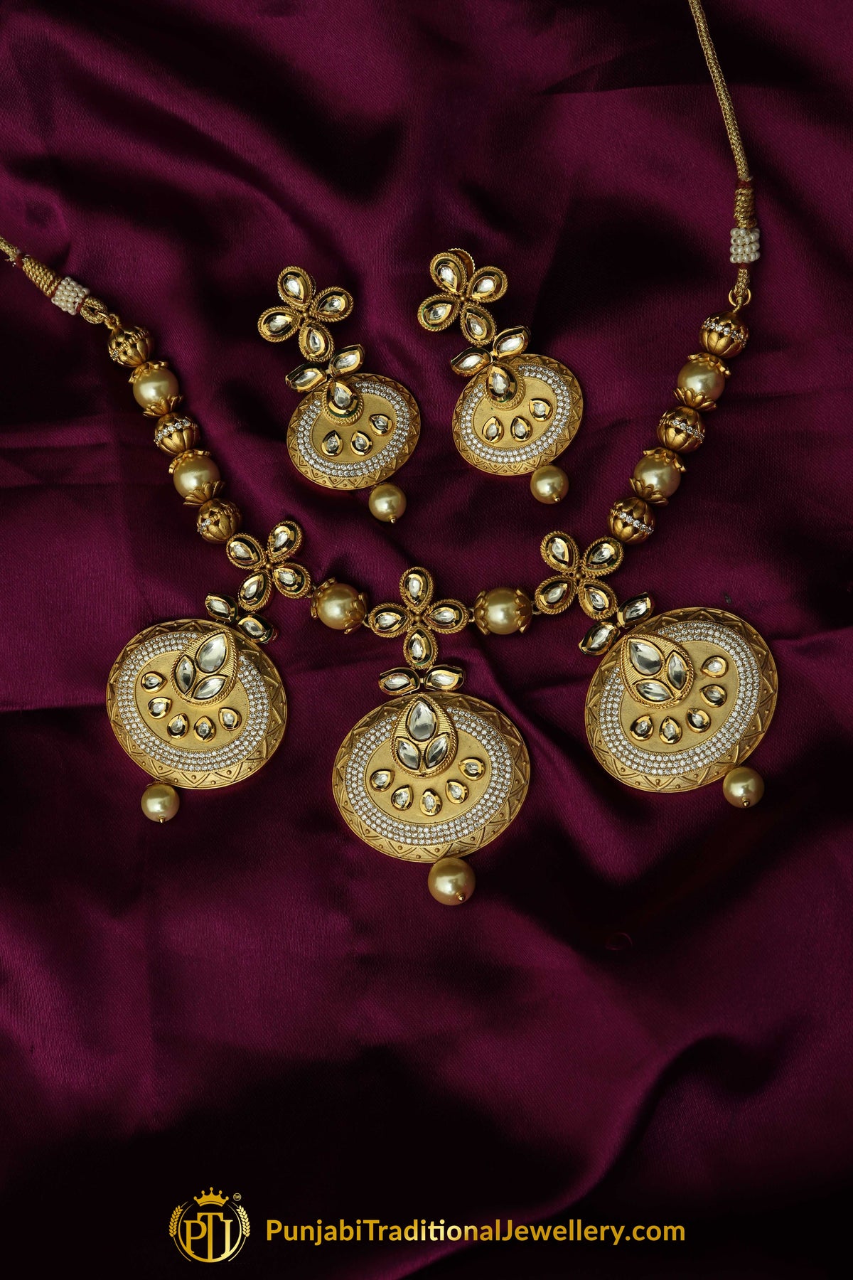 Matt Gold Kundan Pearl Necklace Set By Punjabi Taditional Jewellery