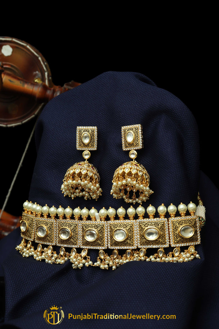 Golden Kundan hand Meena Painted Meena Choker Necklace Set Punjabi Traditional Jewellery