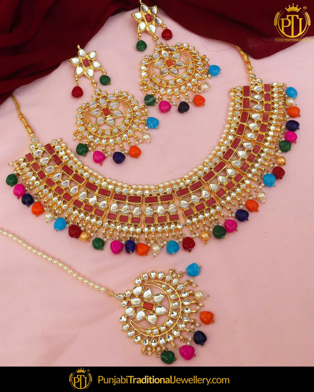 Gold Finished Navratan Kundan & Pearl Necklace Set | Punjabi Traditional Jewellery Exclusive