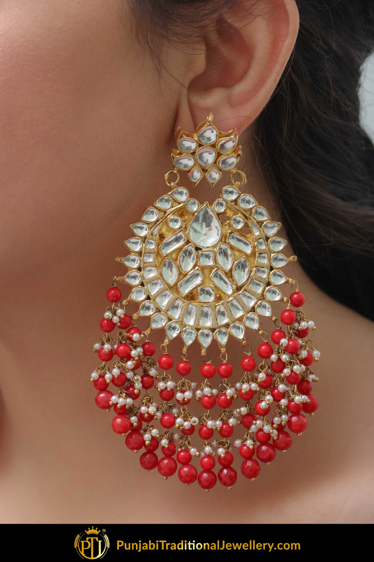 Anjum Red Kundan Earring Tikka Set | Punjabi Traditional Jewellery Exclusive