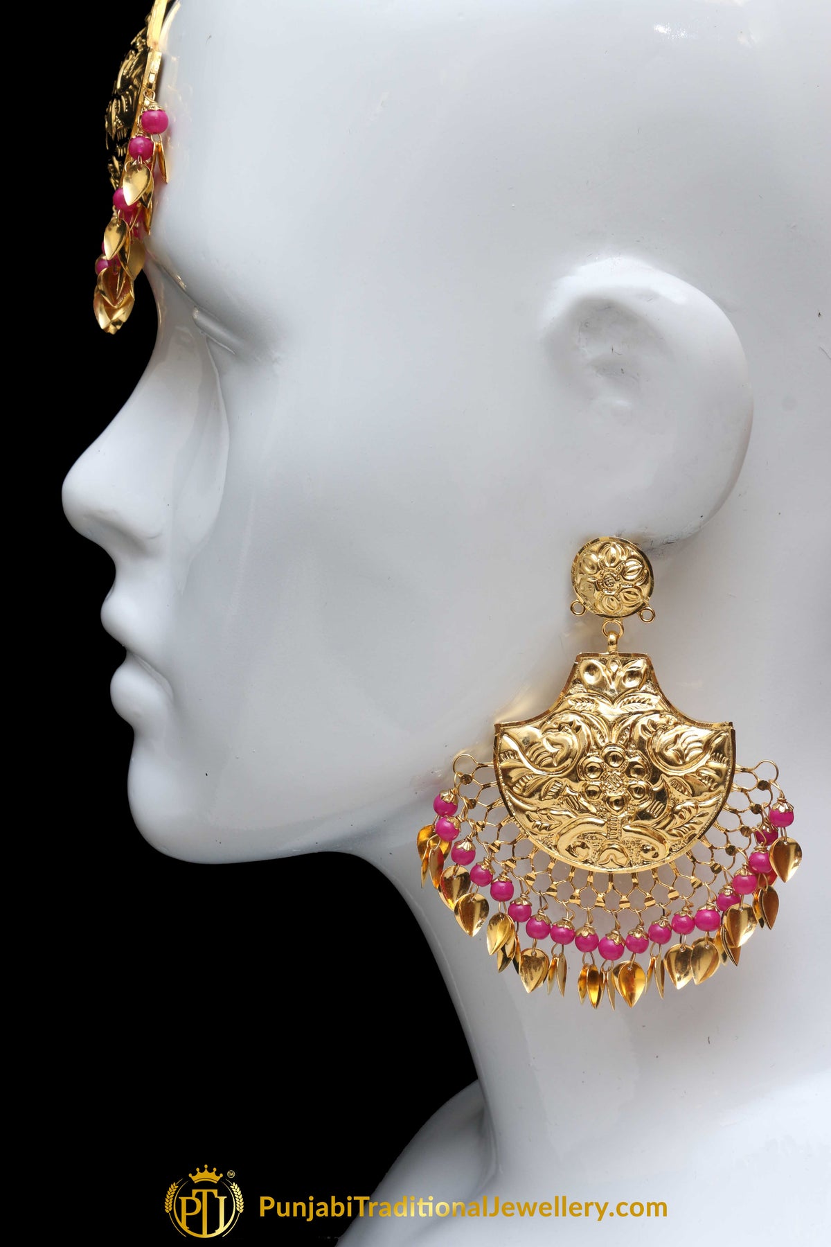 Pink Pippal Patti Earring Tikka Set By Punjabi Traditional Jewellery