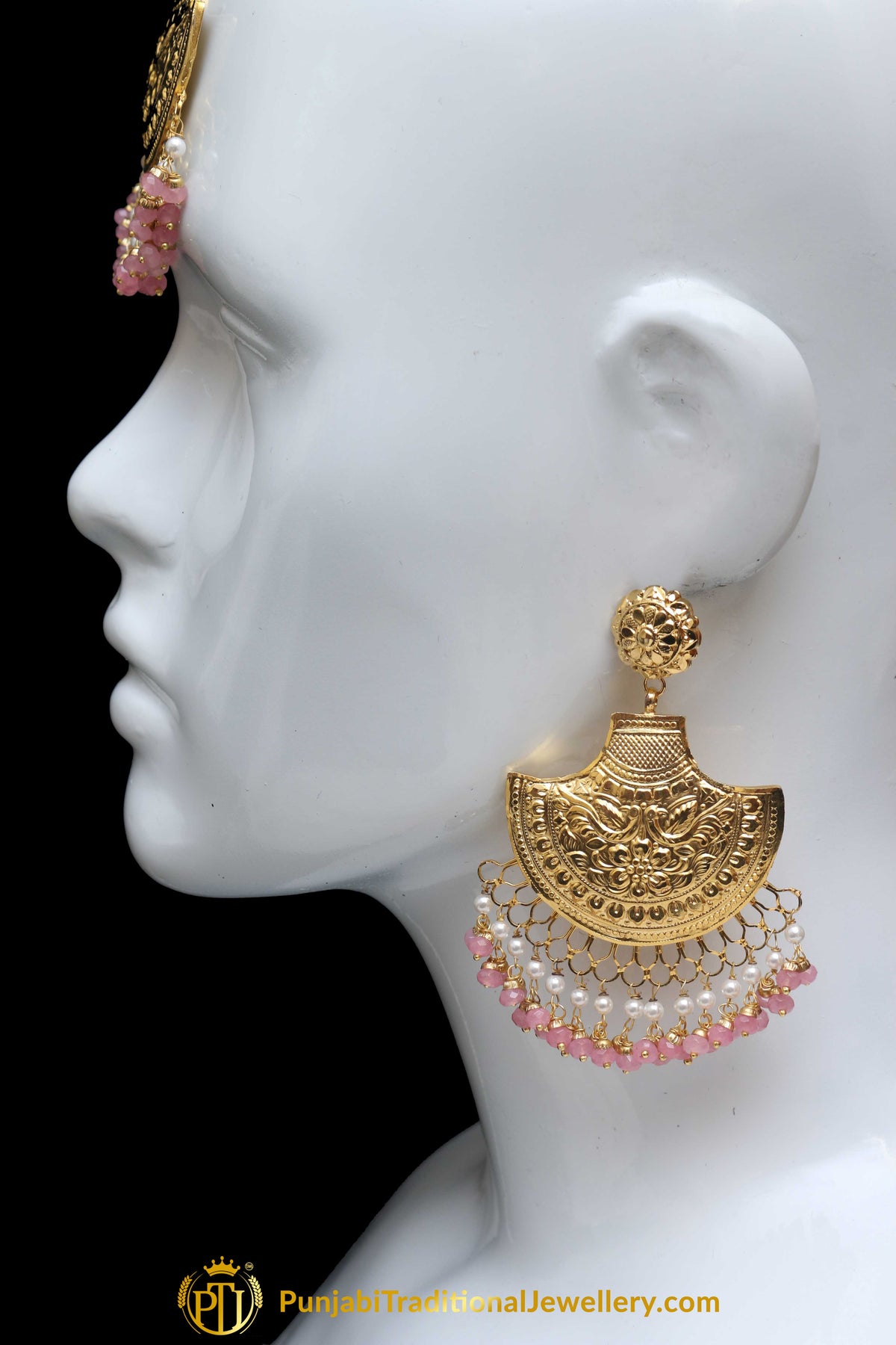 Pink Earring Tikka Set By Punjabi Traditional Jewellery