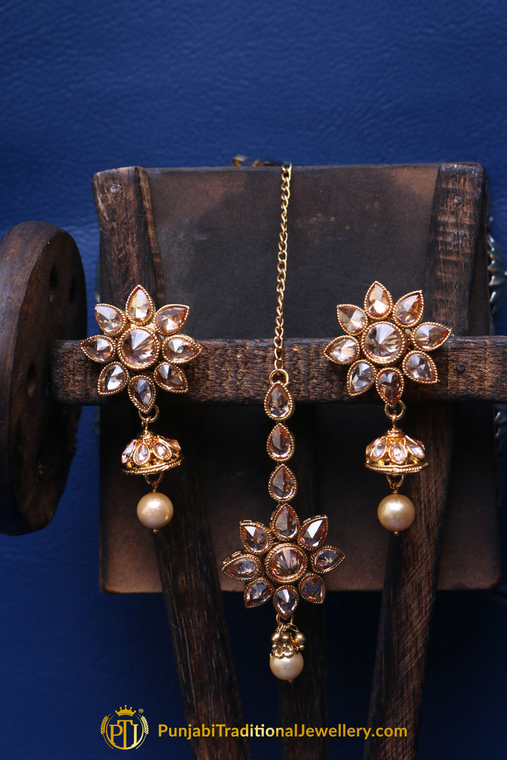 Champagne Stone Earring Tikka Set By Punjabi Traditional Jewellery