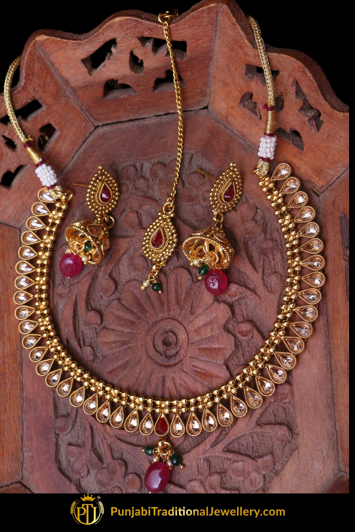 Red Polki Necklace Set By Punjabi Traditional Jewellery