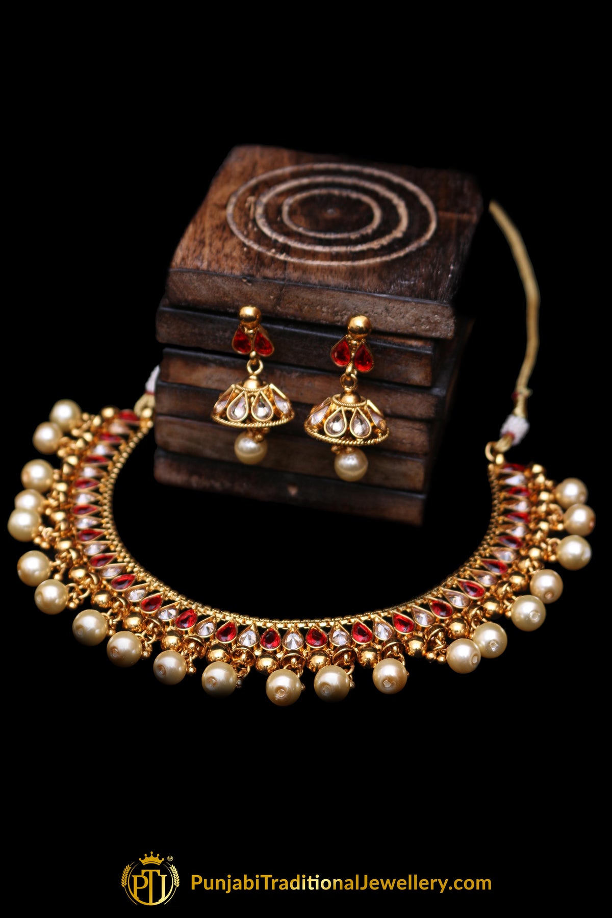 Red Polki Pearl Necklace Set By Punjabi Taditional Jewellery