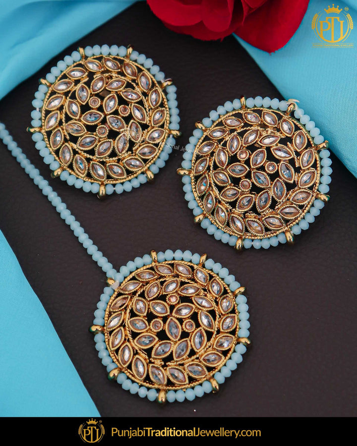 Gold Finished Friozi Champagne Stone Stud Earring Tikka Set | Punjabi Traditional Jewellery Exclusive