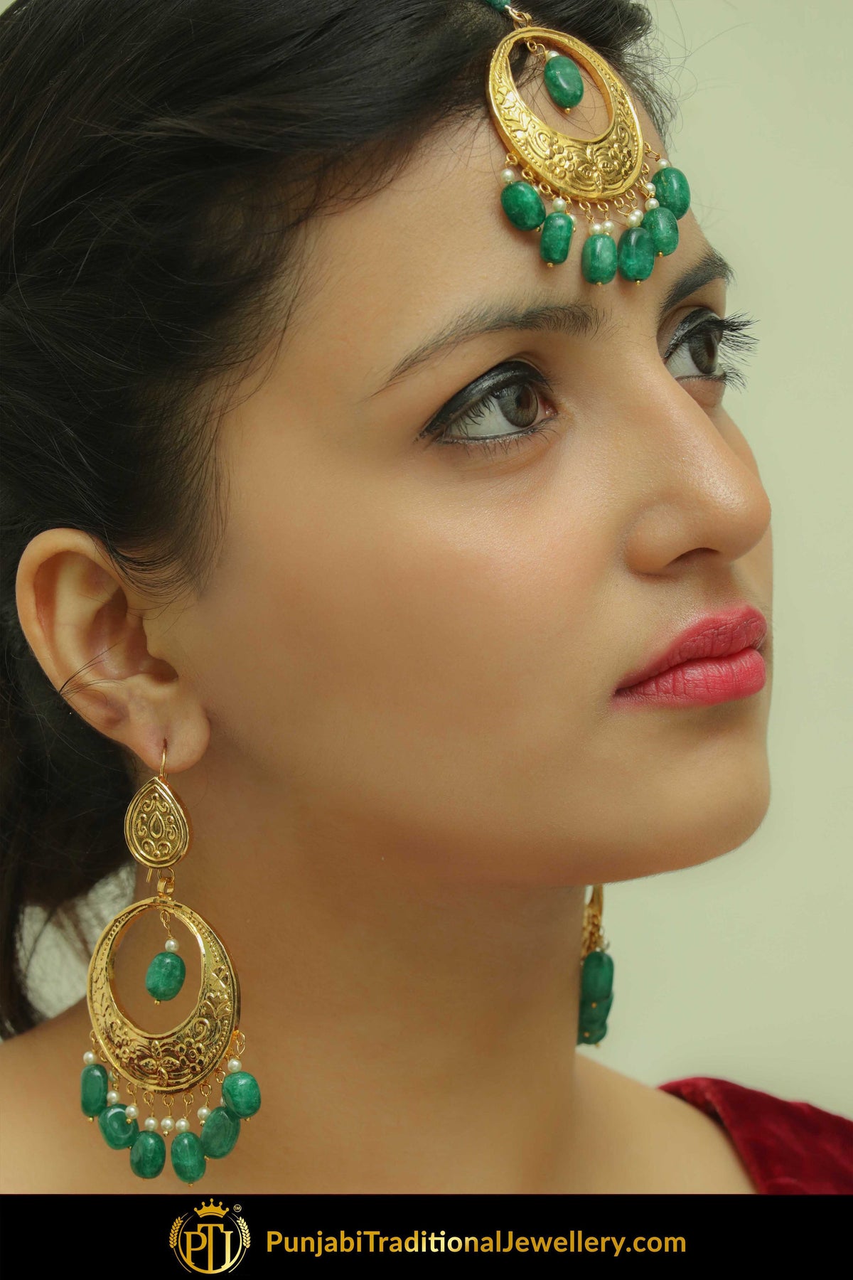 Hayat Gold Finished Emerald Earring Tikka Set  | Punjabi Traditional Jewellery Exclusive
