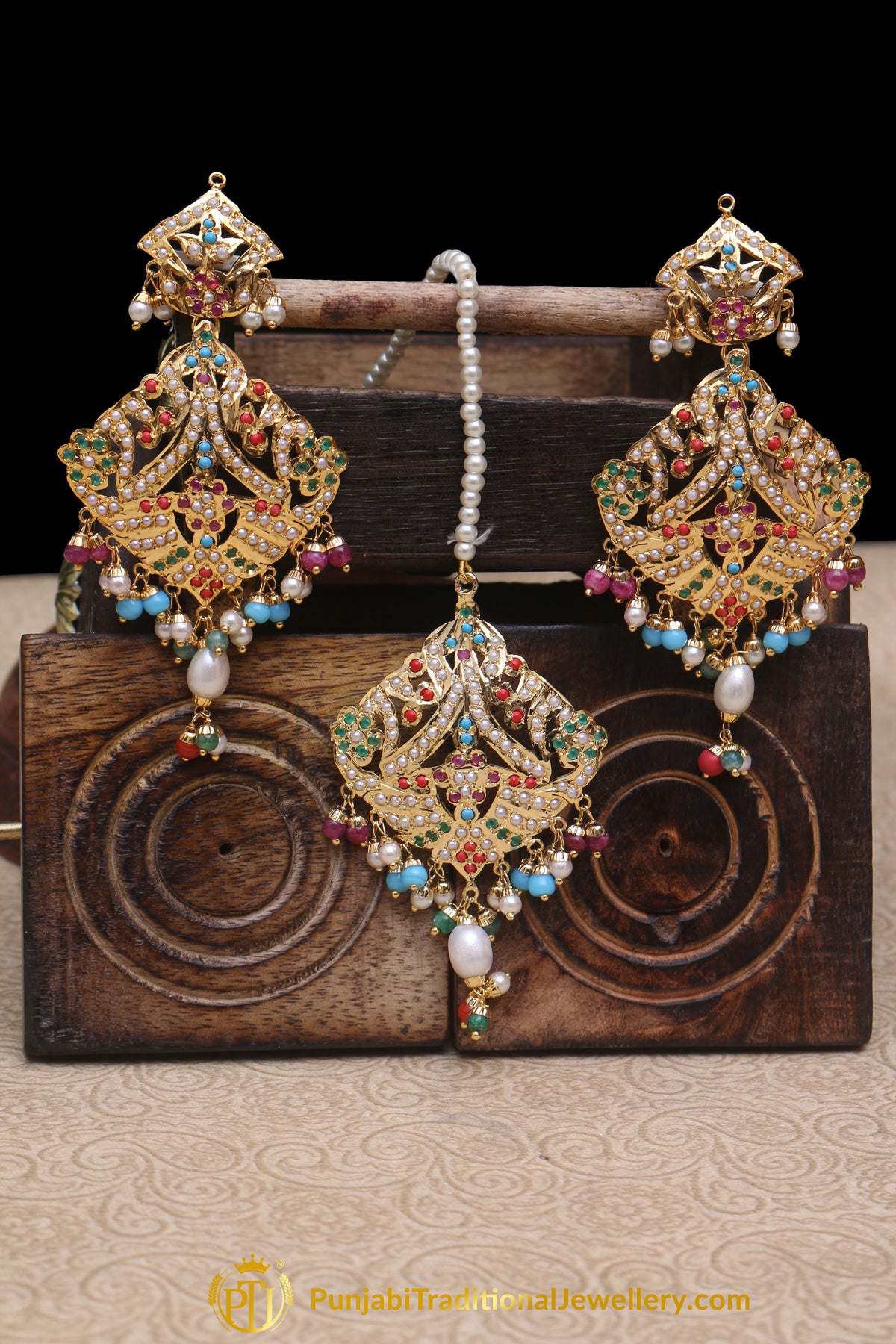 Multi Jadau Pearl Earring Tikka Set By Punjabi Traditional Jewellery