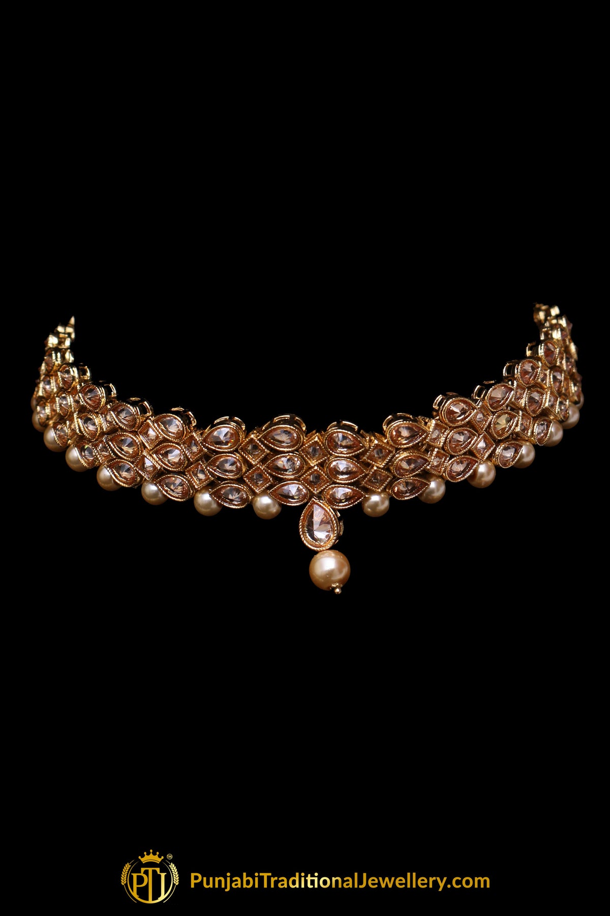 Pearl Champagne Stone Necklace Set By Punjabi Taditional Jewellery