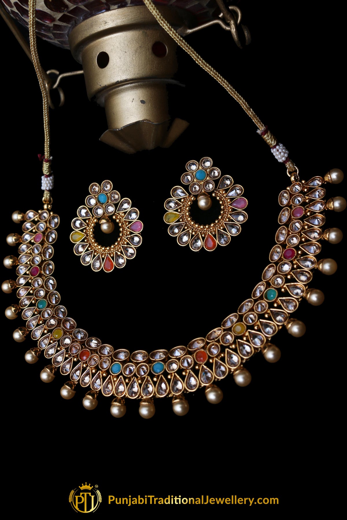 Multi Polki Pearl Necklace Set By Punjabi Taditional Jewellery