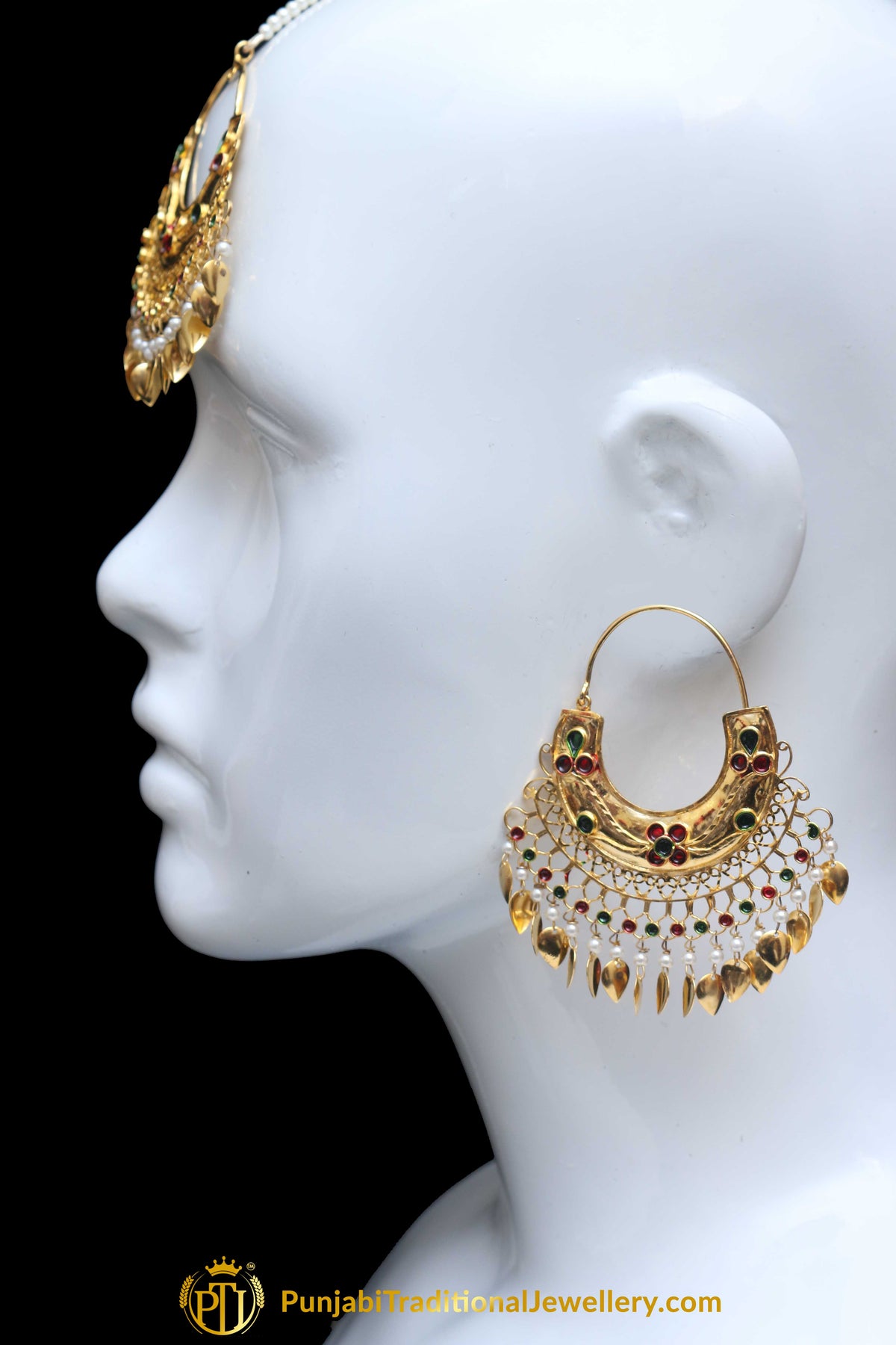 Red Green Pippal Patti Earring Tikka Set By Punjabi Traditional Jewellery