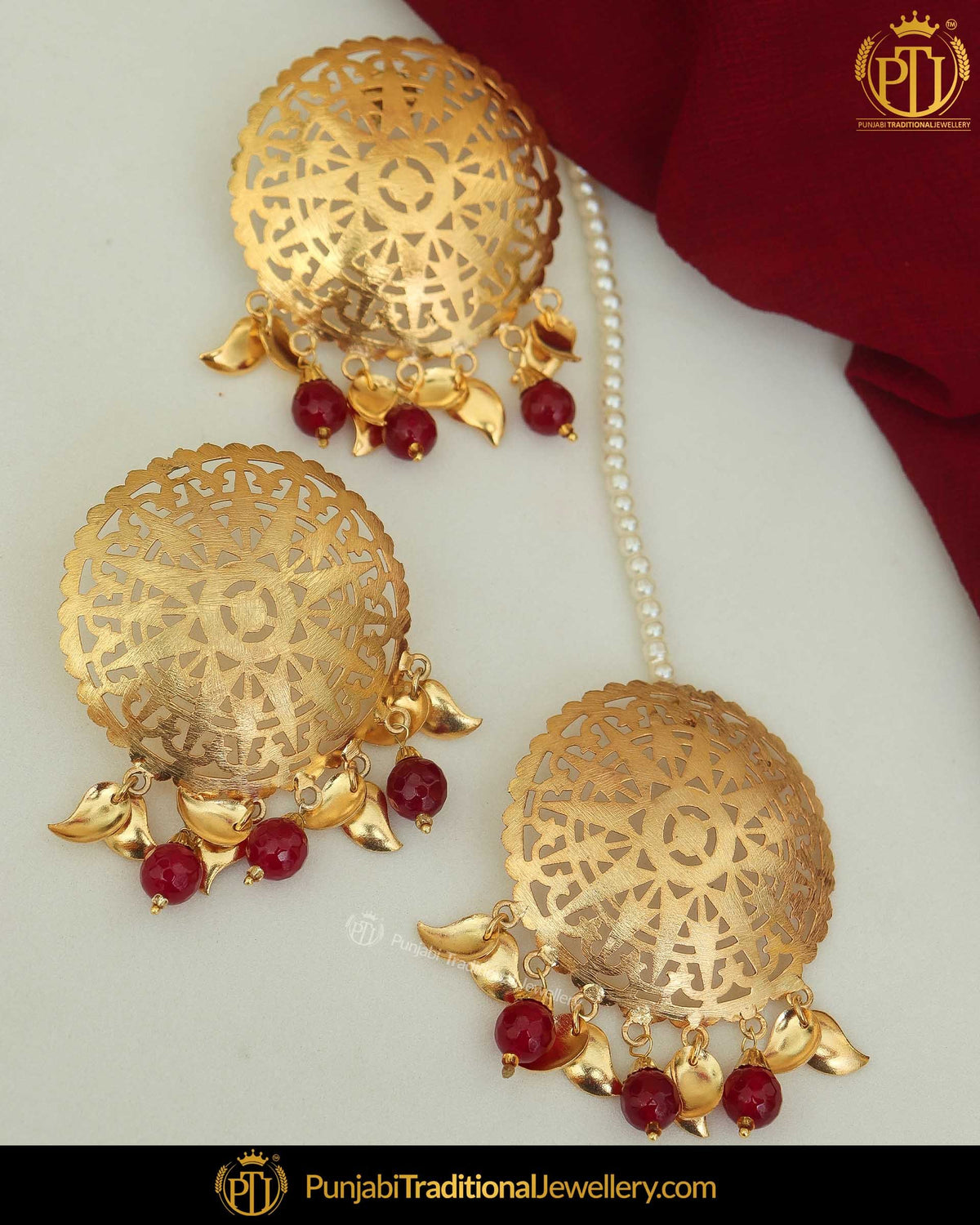 Gold Finished Pippal Patti & Stud Rubby Pearl Earrings & Tikka Set | Punjabi Traditional Jewellery Exclusive