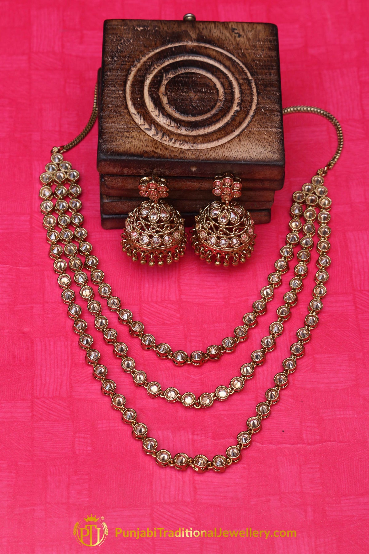 Golden Champagne Stone Necklace Set By Punjabi Traditional Jewellery
