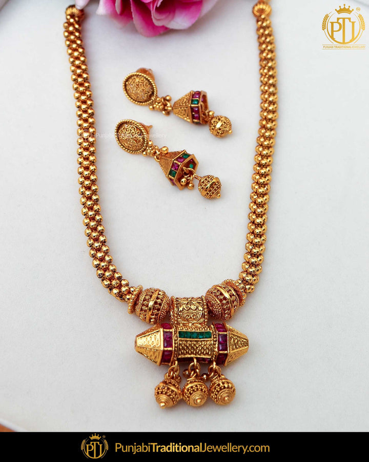 Antique Gold Finished Rubby Emerald  Johda Long Set  | Punjabi Traditional Jewellery Exclusive