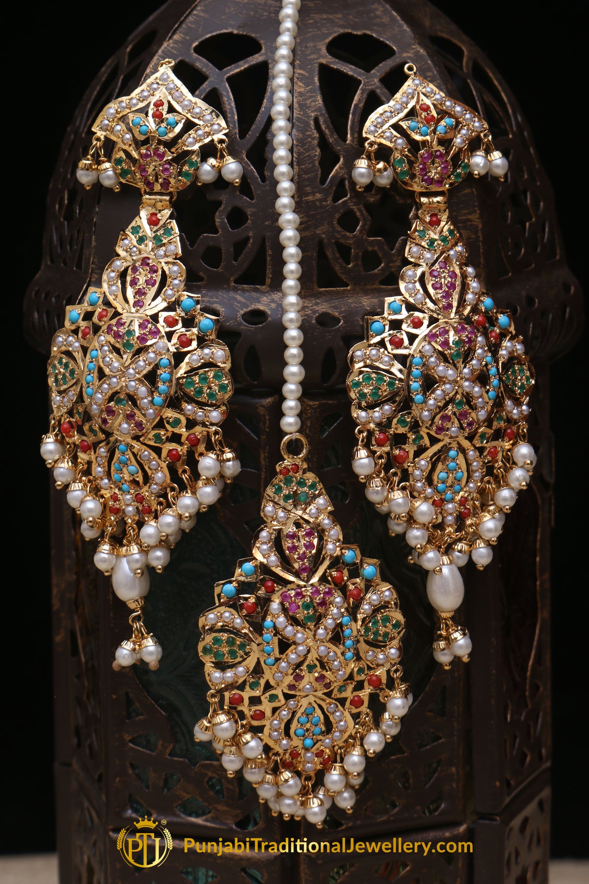 Multi Jadau Pearl Earring Tikka Set By Punjabi Traditional Jewellery
