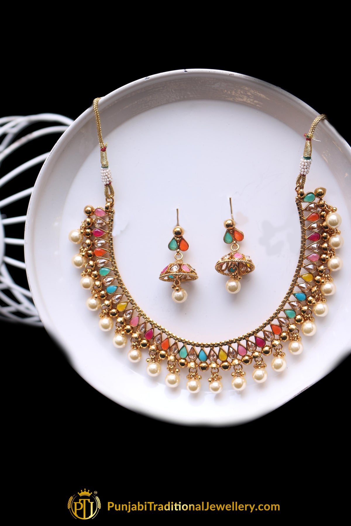 Multi Polki Pearl Necklace Set By Punjabi Traditional Jewellery