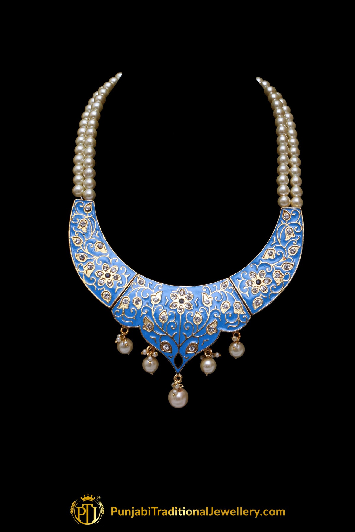 Blue Kundan Pearl Choker Necklace Set By Punjabi Traditional Jewellery