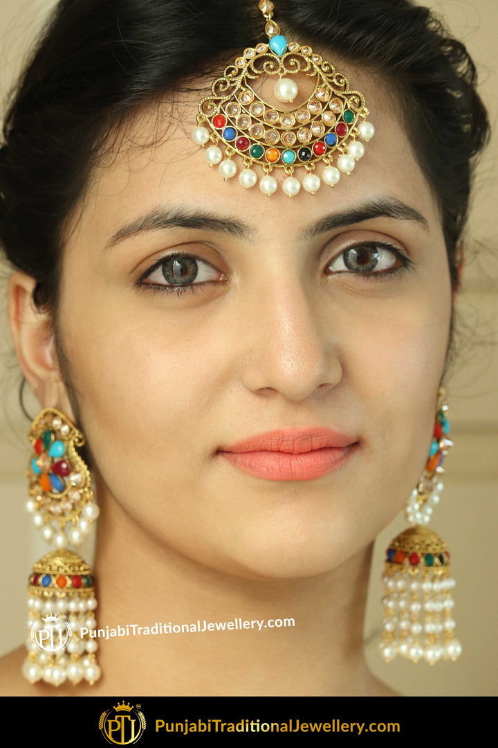 Hadrian Navratan Champagne Stone Earrings & Tikka Set | Punjabi traditional Jewellery Exclusive