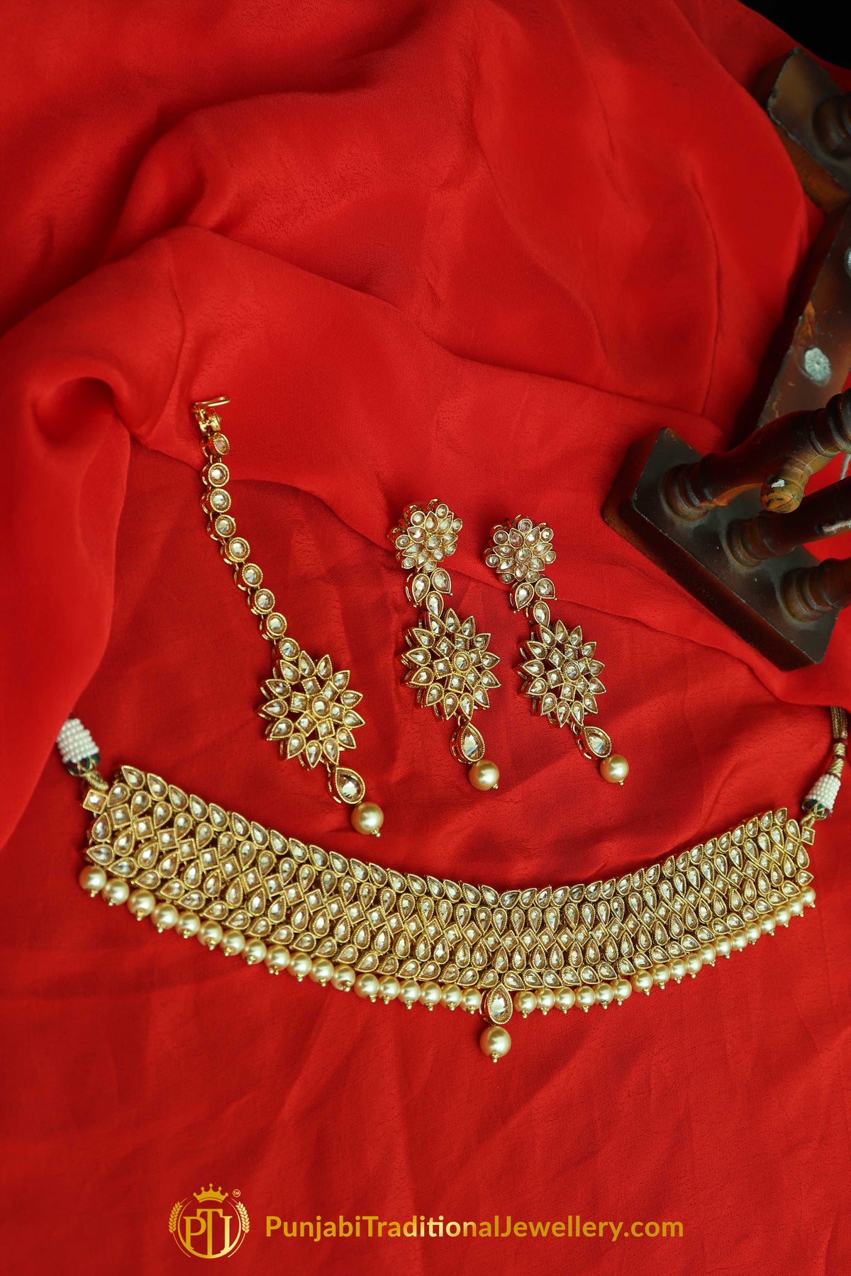 Champagne Stone Pearl Choker Necklace Set By Punjabi Taditional Jewellery
