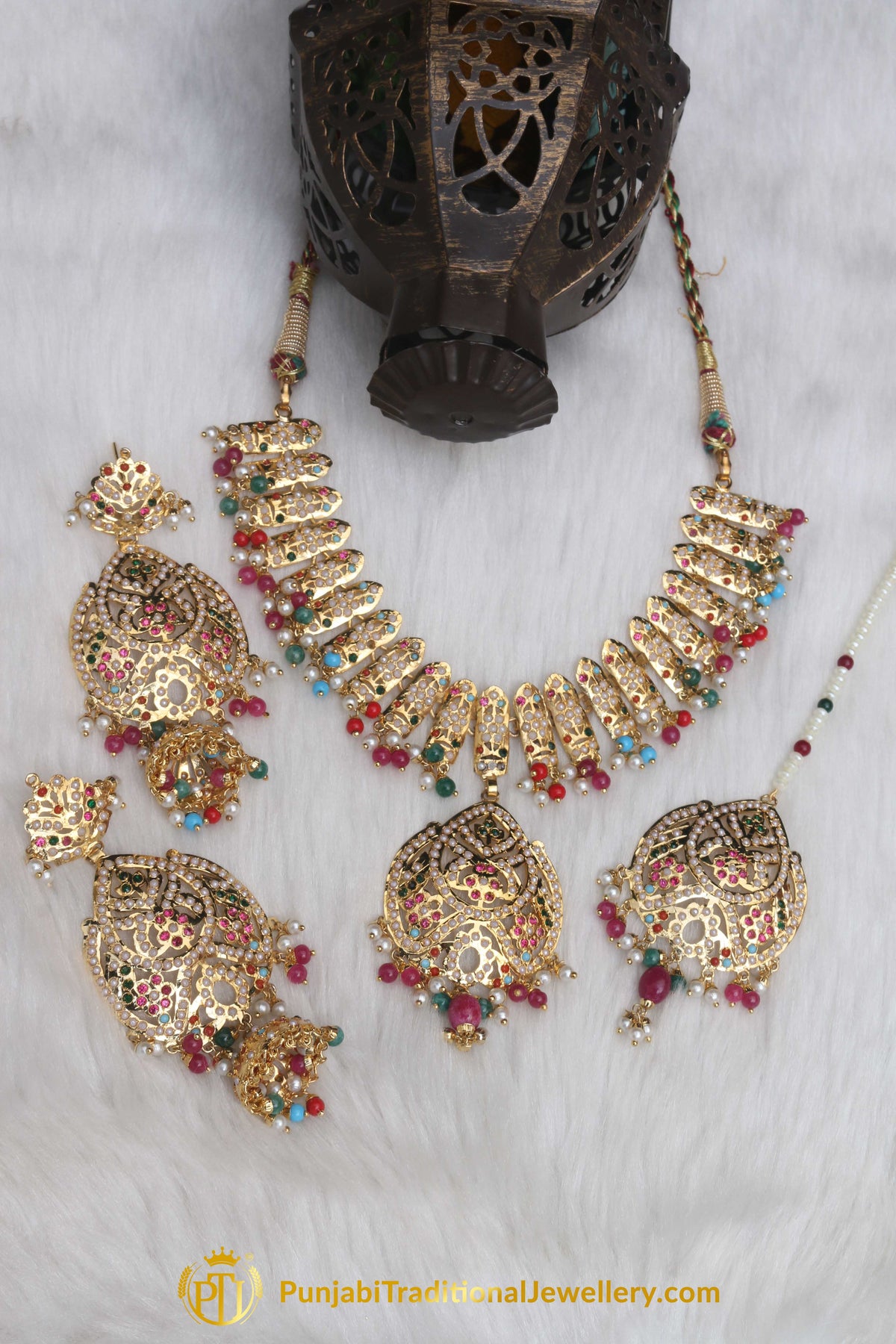 Multi Jadau Pearl Necklace Set By Punjabi Traditional Jewellery