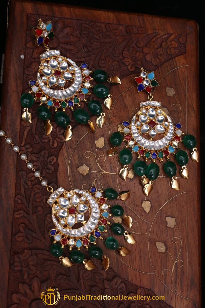 Multi Pippal Patti Kundan Earring Tikka Set By Punjabi Traditional Jewellery