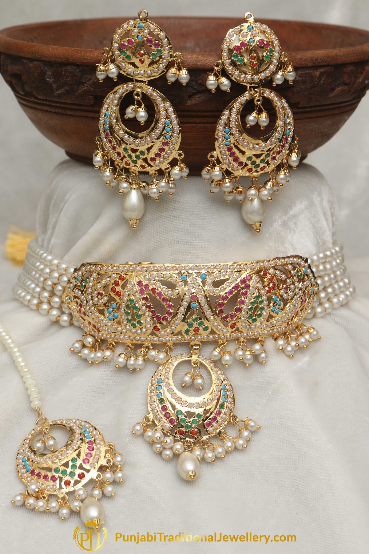 Jadau Multi Pearl Choker Necklace Set By Punjabi Traditional Jewellery