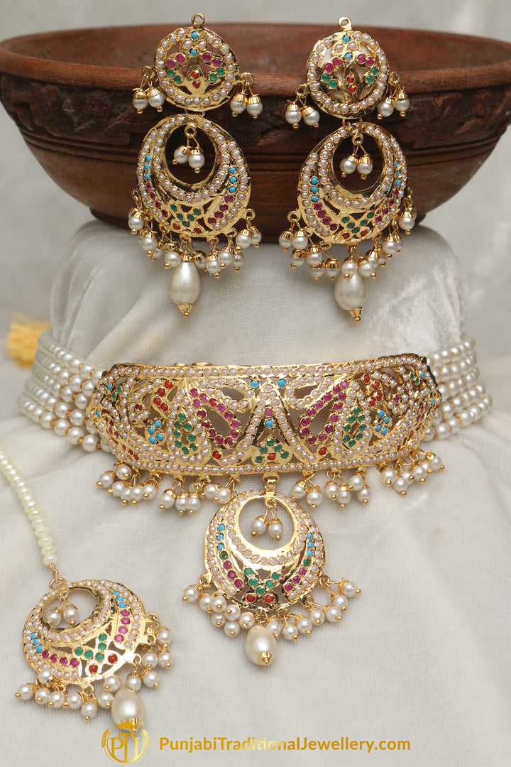 Jadau Multi Pearl Choker Necklace Set By Punjabi Traditional Jewellery