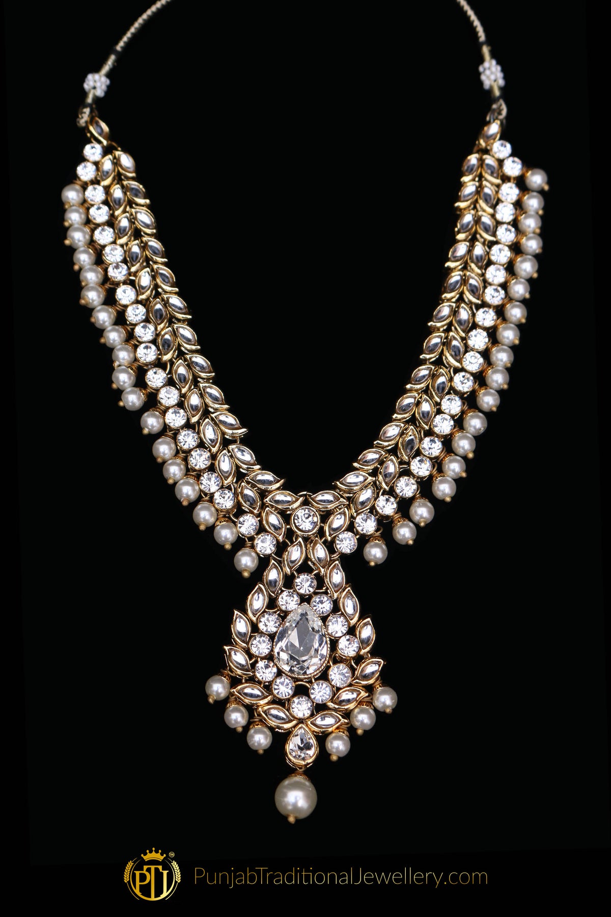 White & Golden Kundan/Jerkan Necklace Set By Punjabi Traditional Jewellery