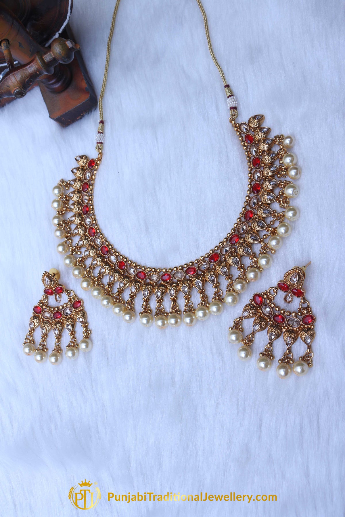 Red Pearl Polki Necklace Set By Punjabi Taditional Jewellery