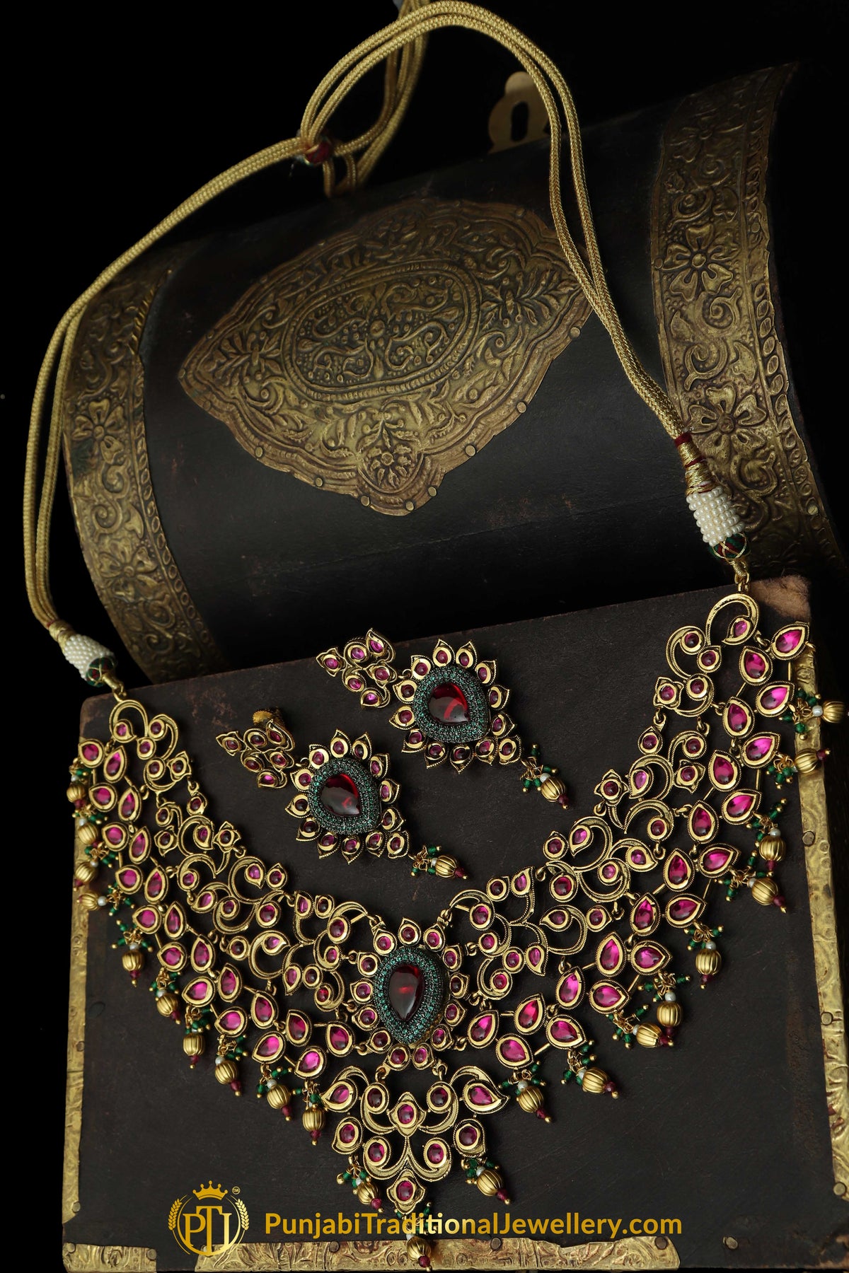 Rani Green Polki Necklace Set By Punjabi Taditional Jewellery