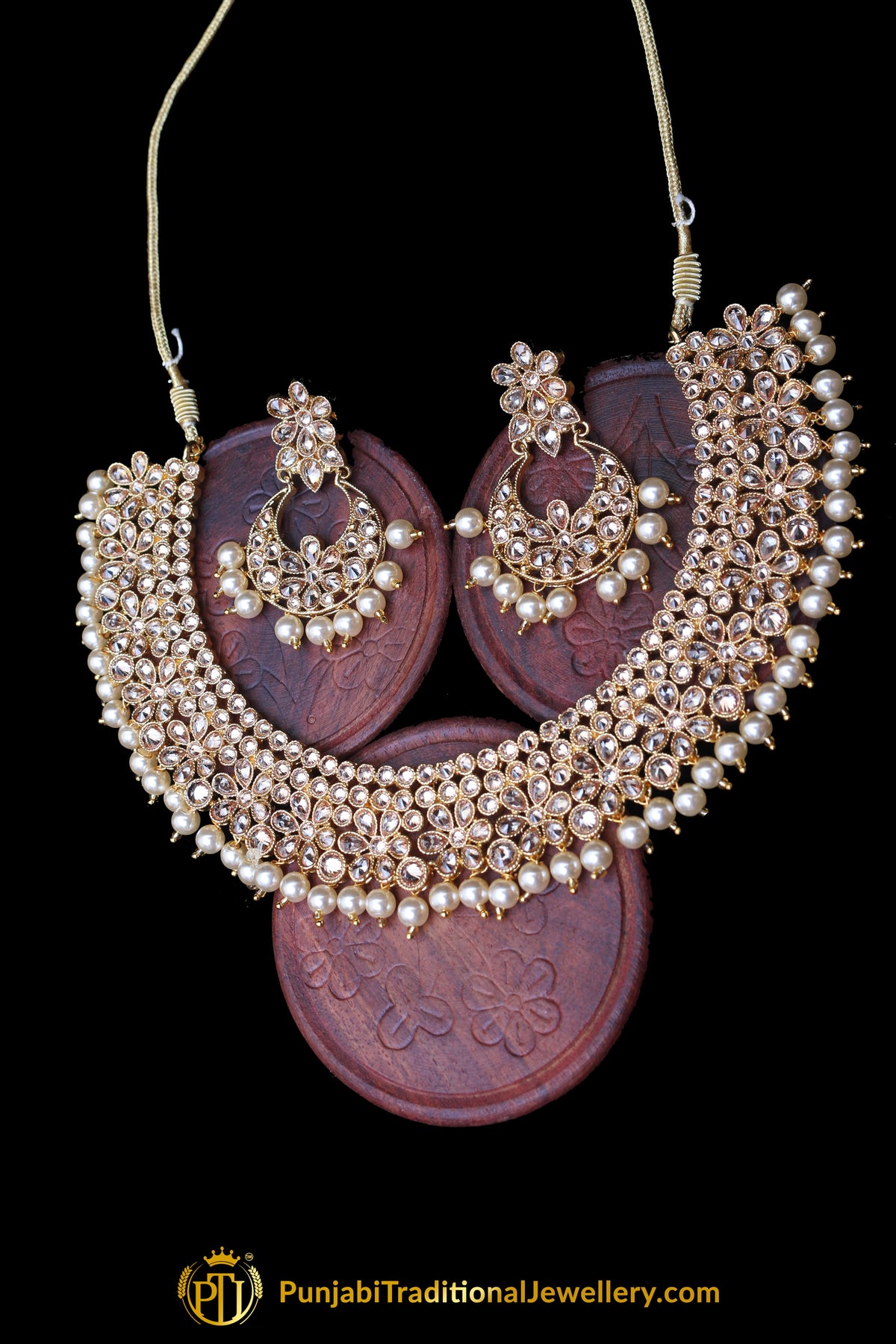 Golden Polki Pearl Necklace Set By Punjabi Traditional Jewellery