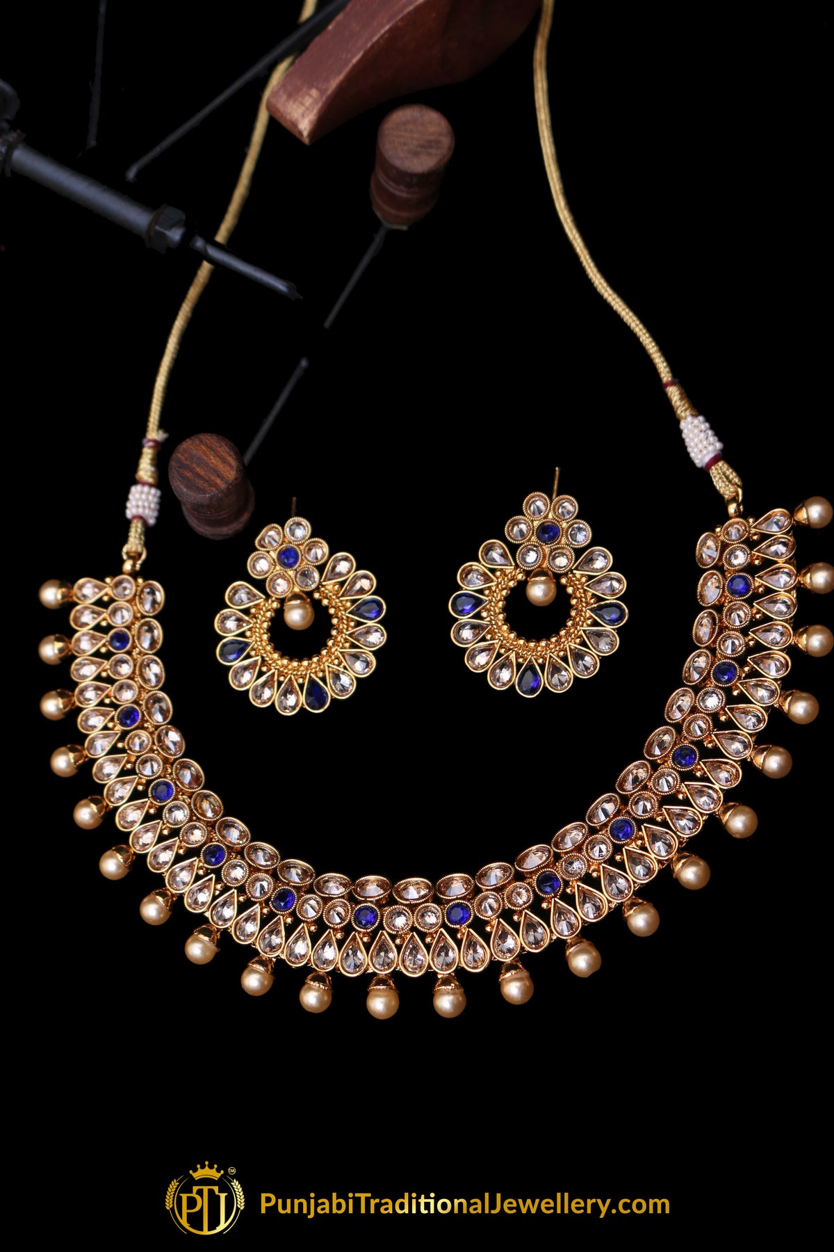 Blue Polki Necklace Set By Punjabi Traditional Jewellery