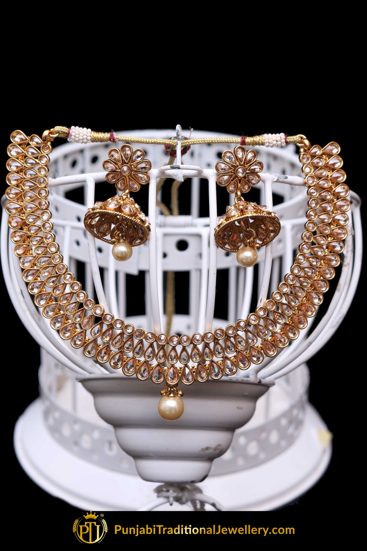 Golden Polki Necklace Set By Punjabi Traditional Jewellery