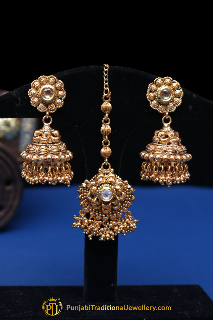 Golden Antique Stone Earring Tikka Set By Punjabi Traditional Jewellery