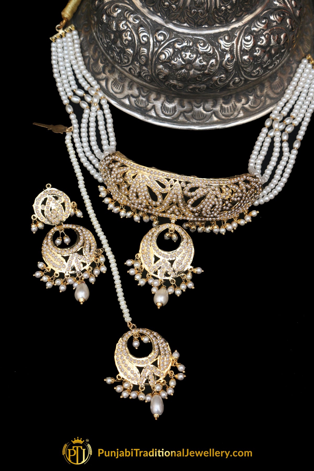 Jadau Golden Pearl Mala Necklace Set By Punjabi Traditional Jewellery