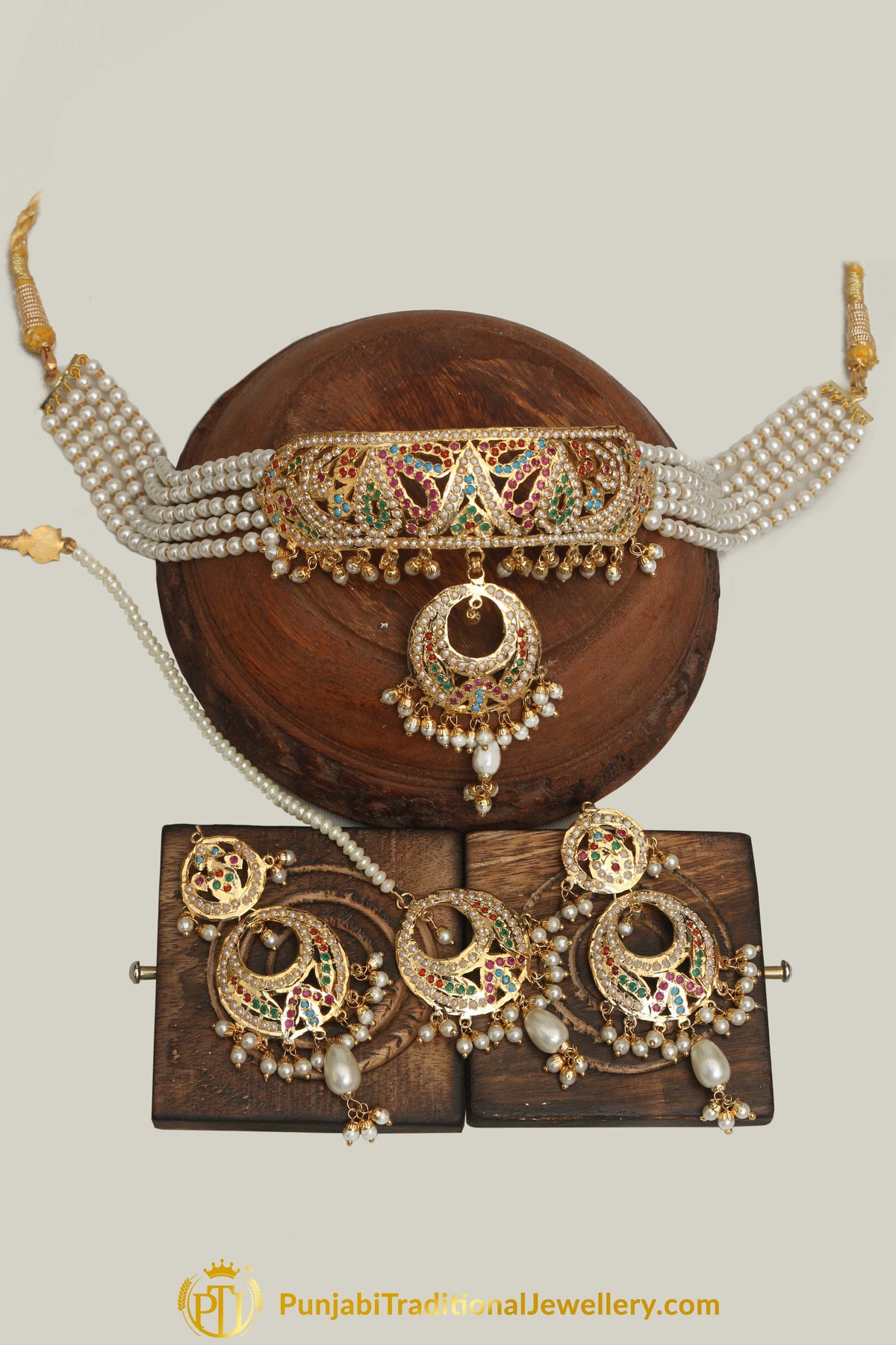 Jadau Multi Pearl Necklace Set By Punjabi Traditional Jewellery