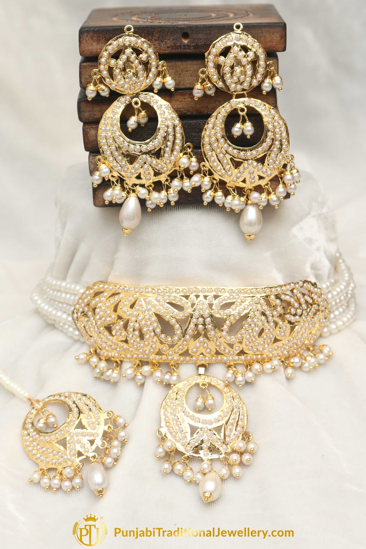 Jadau White Pearl Mala Necklace Set By Punjabi Traditional Jewellery