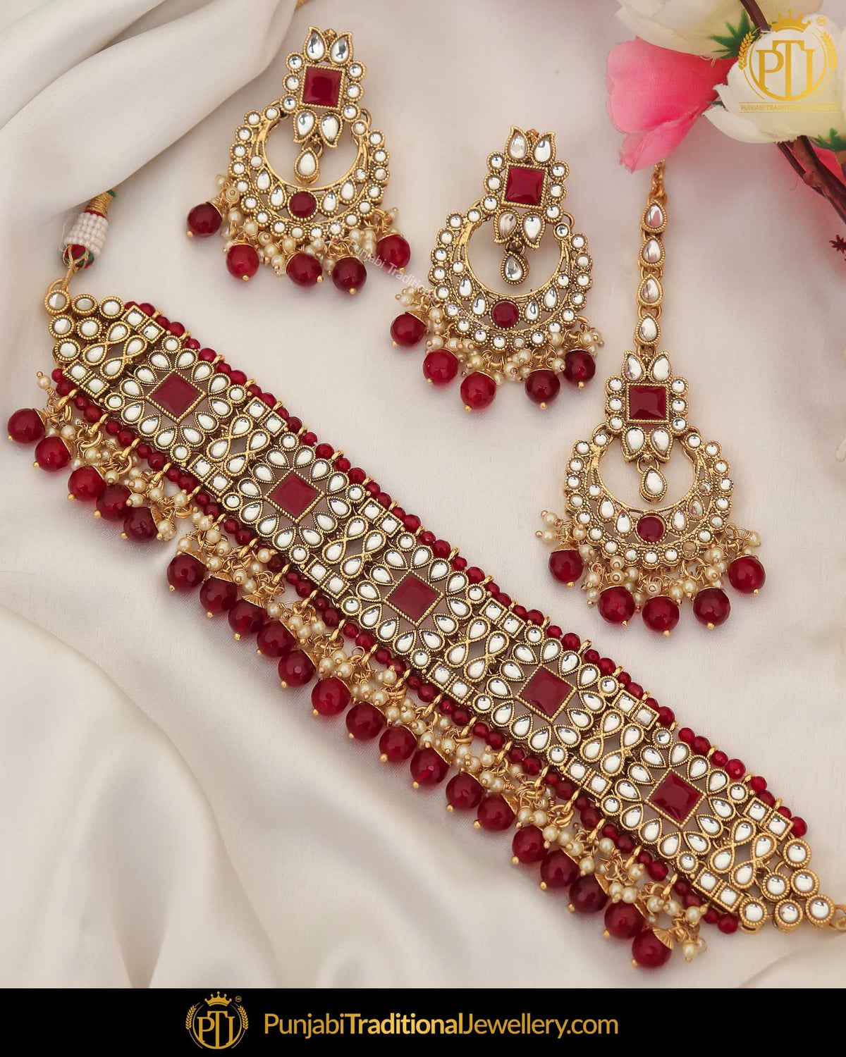 Gold Finished Kundan Rubby Pearl Choker Necklace Set | Punjabi Traditional Jewellery Exclusive