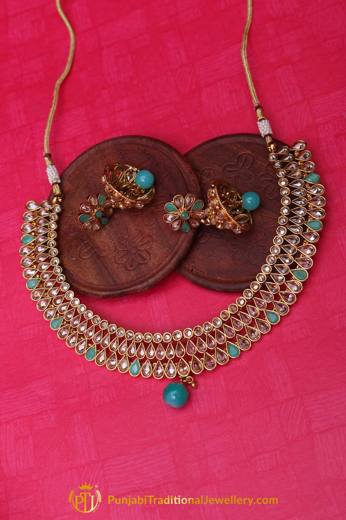 Rama Green Polki Necklace Set By Punjabi Traditional Jewellery