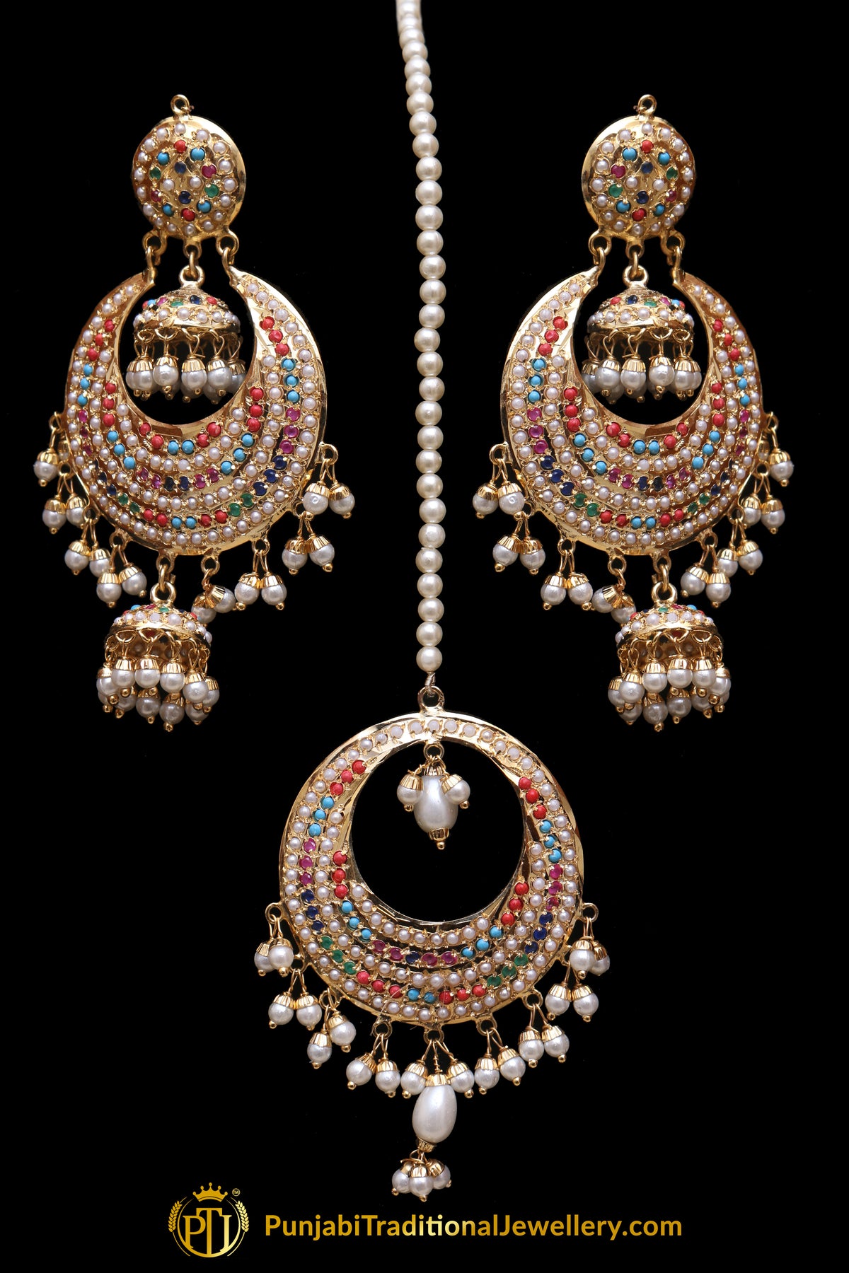 Multi Jadau Pearl Earring Tikka Set By Punjabi Traditional Jewellery