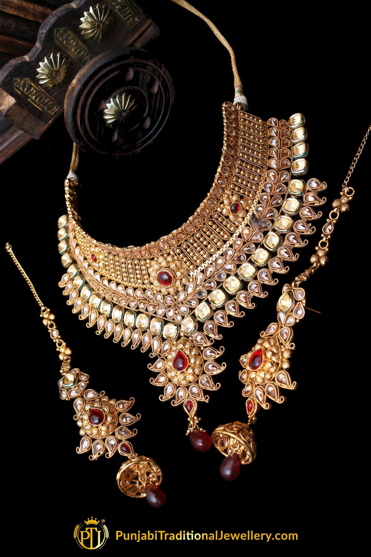 Antique Gold Red Polki Choker Necklace Set By Punjabi Traditional Jewellery