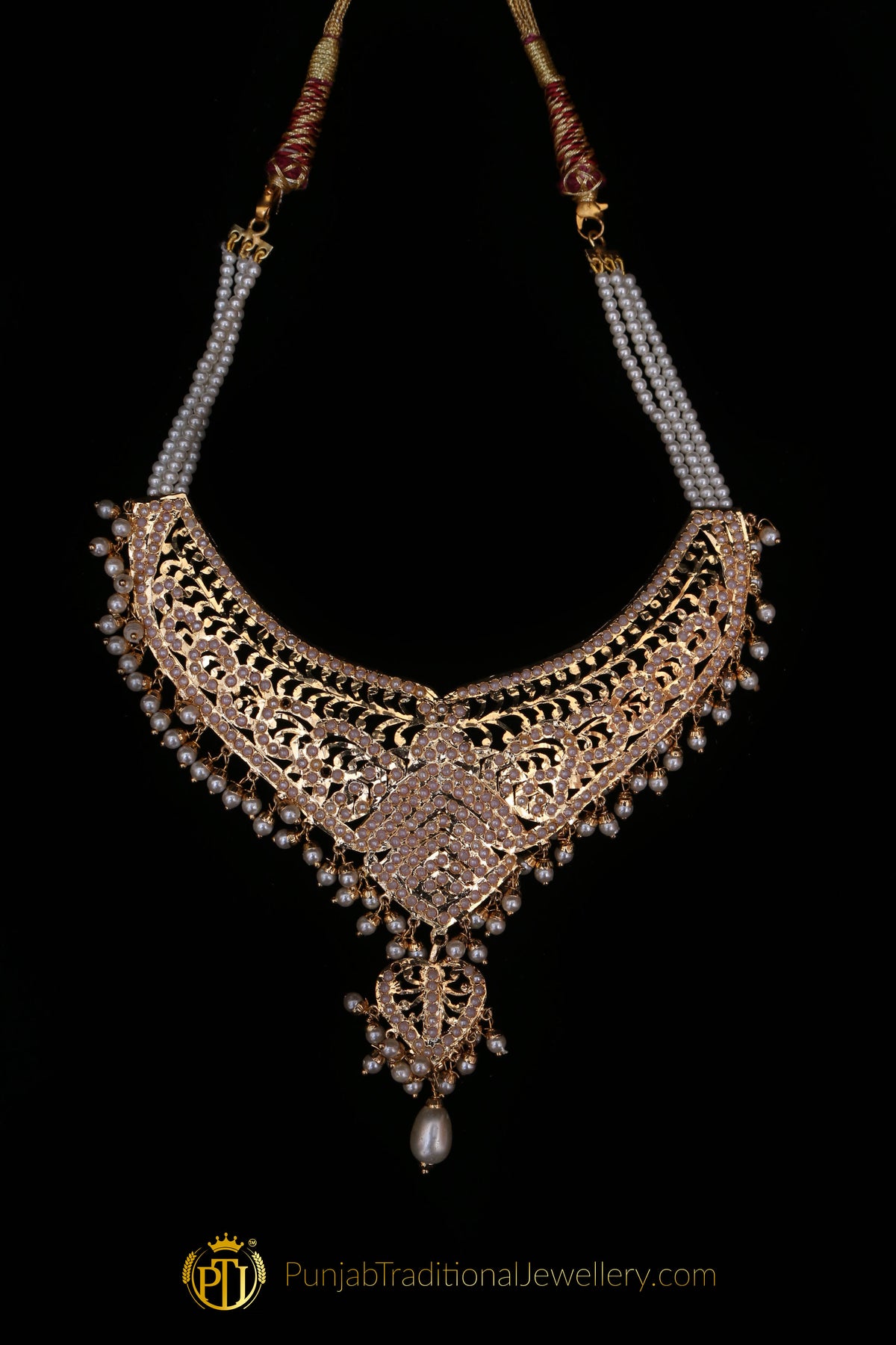 Golden Jadau Necklace Set By Punjabi Traditional Jewellery
